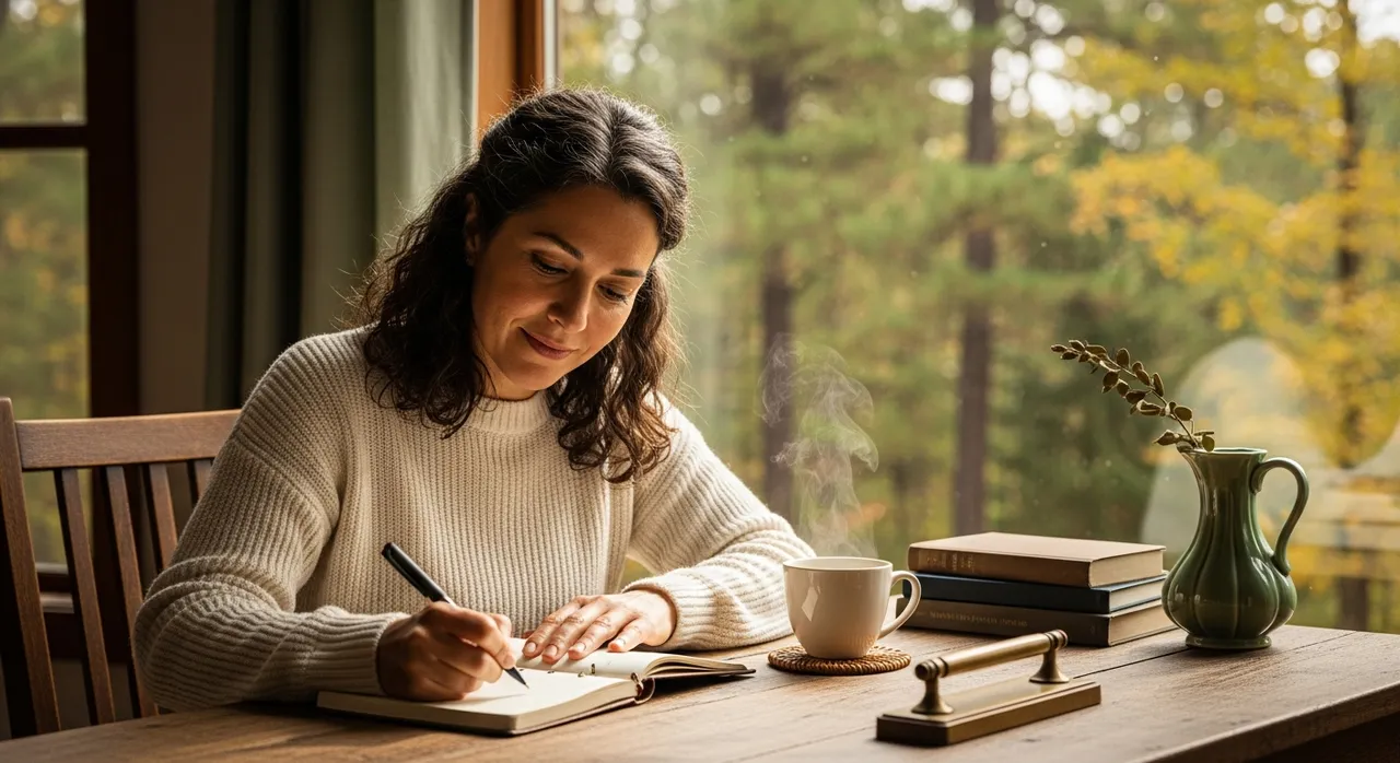 A woman in her late 40s sitting at a rustic wooden desk near a window with forest views, journaling with a cup of tea in soft natural light