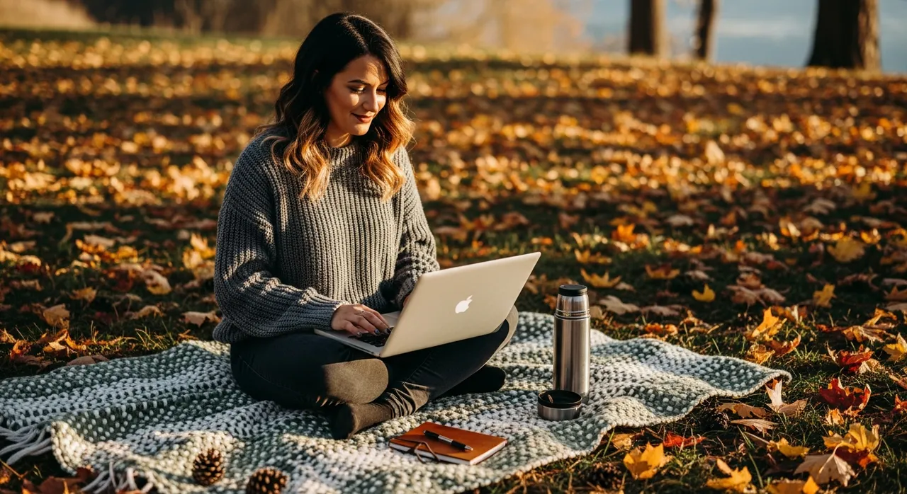 Woman sitting cross-legged on a woven blanket outdoors with a laptop, surrounded by autumn leaves and pine needles, working freely in nature