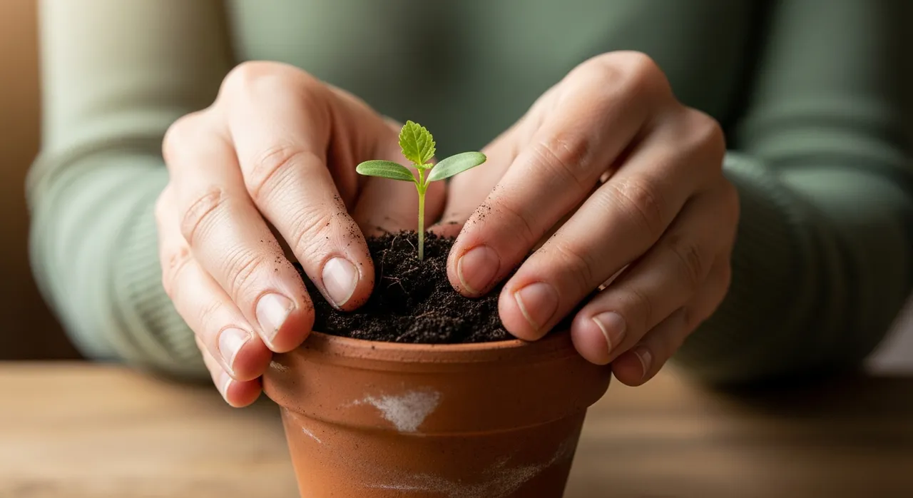 Close-up of a woman's hands holding a small seedling in a terracotta pot, soil-dusted fingers in warm natural window light