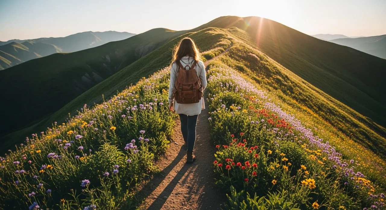 Woman with a worn leather backpack walking a narrow mountain trail flanked by wildflowers at golden hour
