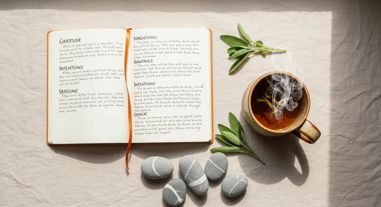 Overhead flat lay of a morning wellness ritual with an open journal, fresh sage sprigs, a ceramic mug of herbal tea, and smooth river stones