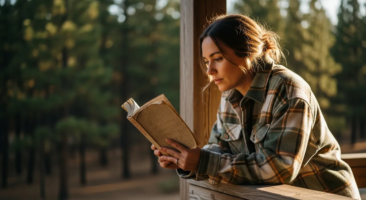 Woman reading a worn paperback on a rustic wooden porch railing with a pine forest in the blurred background