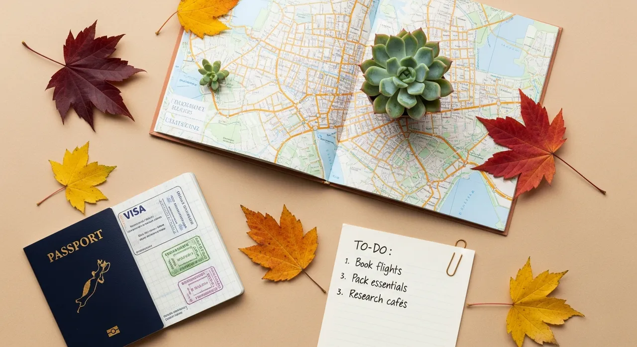 Flat lay of a travel planning scene with an open map, small succulent, passport, autumn leaves, and a handwritten to-do list on cream paper