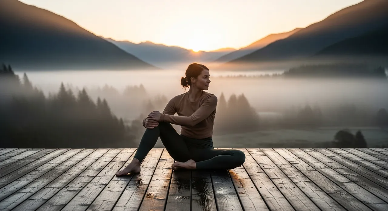 Woman doing a gentle yoga pose on a wooden deck at sunrise with a misty valley below and charcoal mountains in the background