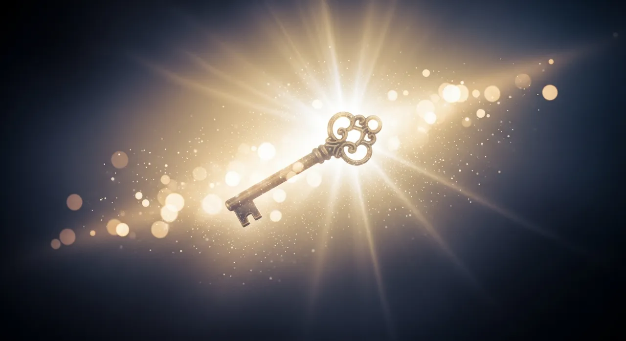Antique ornate skeleton key floating in ethereal glowing mist, magical golden light emanating from key, dreamy bokeh orbs, mystical fantasy atmosphere